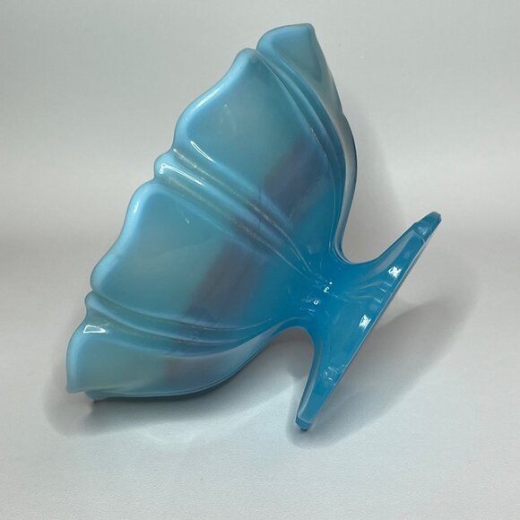 Turquoise/Blue Footed Glass Shallow Ruffled Edge Vintage Bowl - Picture 4 of 10